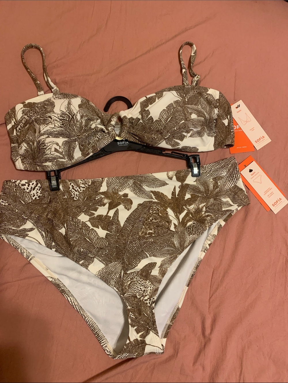 sofia by sofia vergara White and Brown Tropical Bandeau Bikini Set